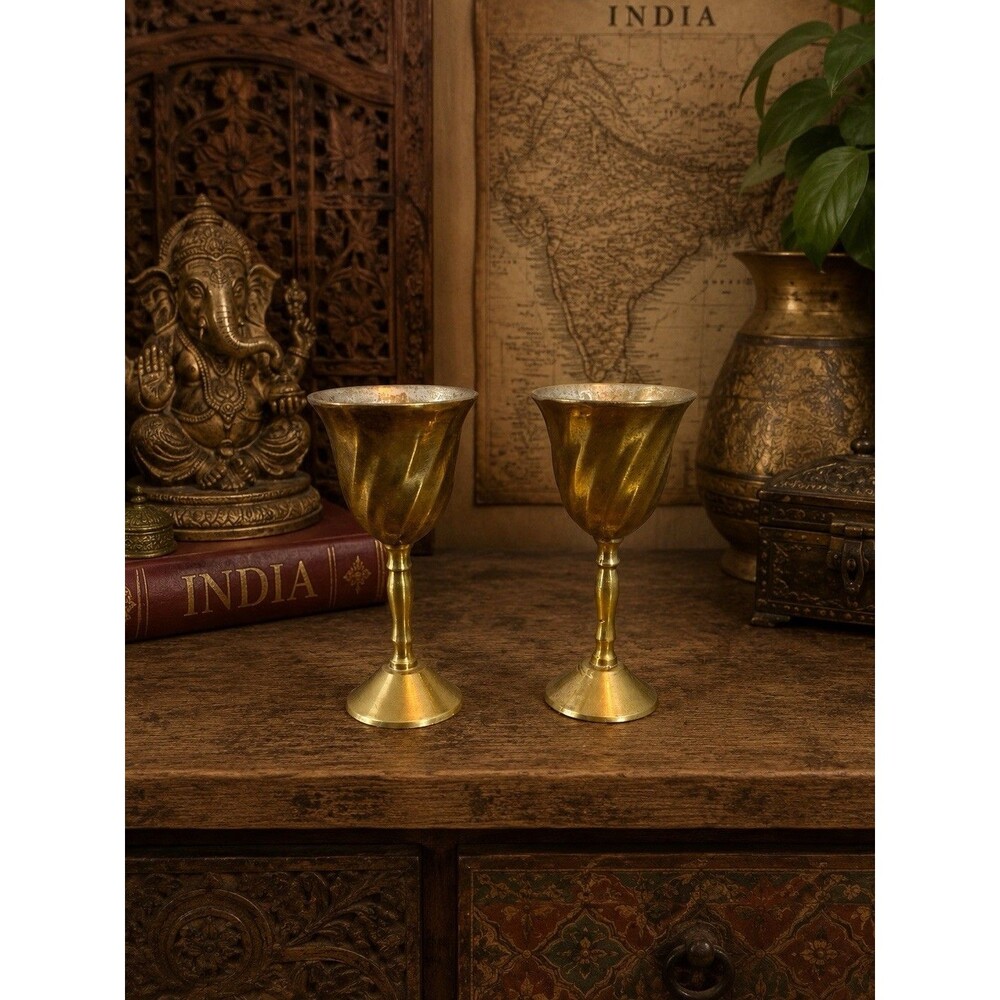 Vintage India Brass Goblets Pair Mini Chalice Cups Boho Rustic Decor Set Retro